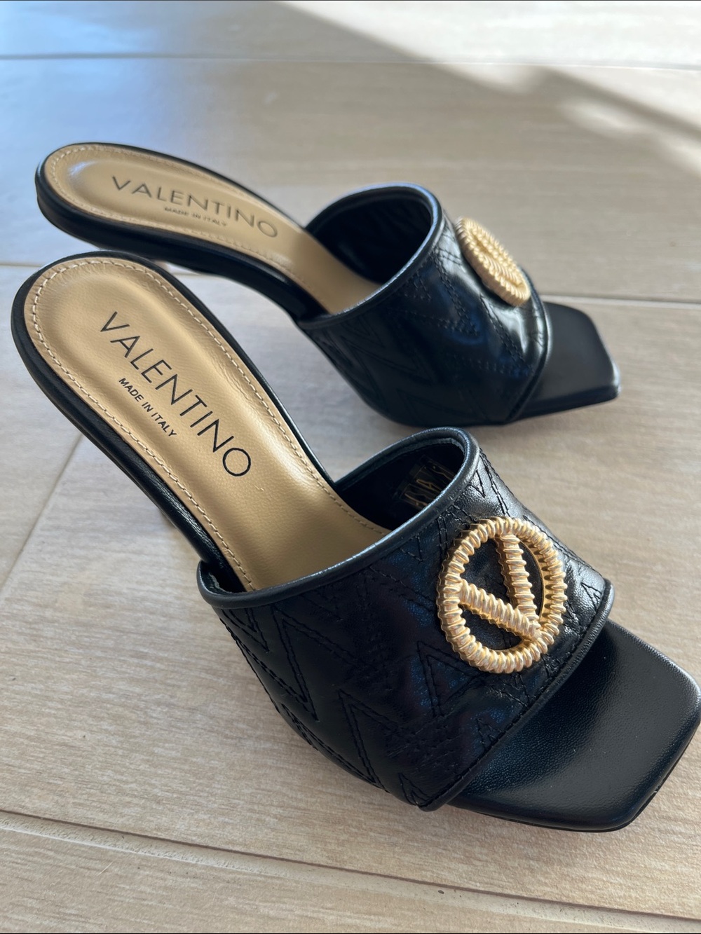 Valentino Black Quilted Leather Slide Mules with Gold Rope V Logo